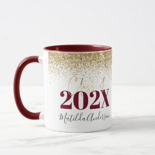 Burgundy gold glitter graduation elegant script mu mug