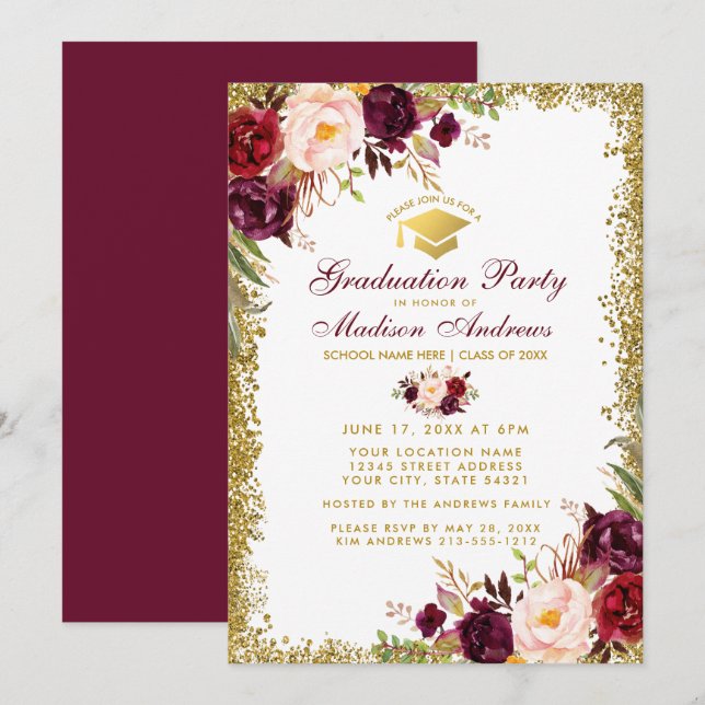 Burgundy Gold Glitter Graduation Party Invite B (Front/Back)