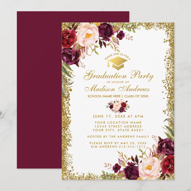 Burgundy Gold Glitter Graduation Party Invite G (Front/Back)