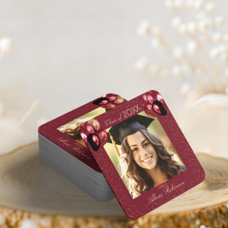Burgundy Gold Glitter Graduation Party Photo  Square Paper Coaster