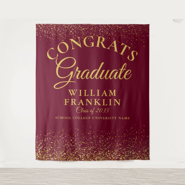 Burgundy Gold Glitter Graduation Photo Backdrop (Front)