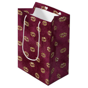 Burgundy Gold Glitter Kisses Lips Medium Gift Bag