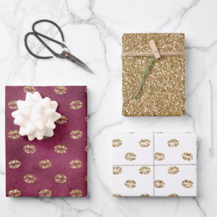 Burgundy Gold Glitter Kisses Lips  Wrapping Paper Sheets