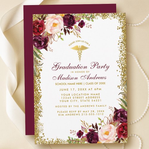 Burgundy Gold Glitter Medical Grad Party Invite