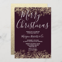 Burgundy & Gold Glitter Merry Christmas Party Invitation