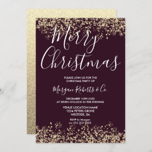 Burgundy & Gold Glitter Merry Christmas Party Invitation