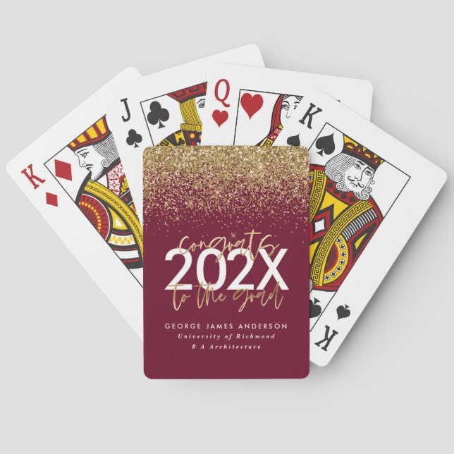 burgundy gold glitter modern script graduation poker cards (Back)