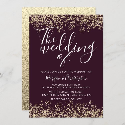 Burgundy  Gold Glitter Modern Wedding Invitation