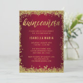 Burgundy Gold Glitter Quinceanera 15th Birthday Invitation (Standing Front)