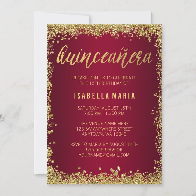 Burgundy Gold Glitter Quinceanera 15th Birthday Invitation (Front)