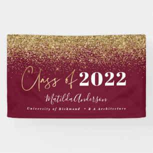 Burgundy gold glitter script class of graduation banner