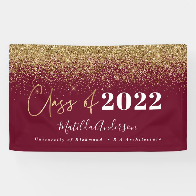 Burgundy gold glitter script class of graduation banner (Horizontal)
