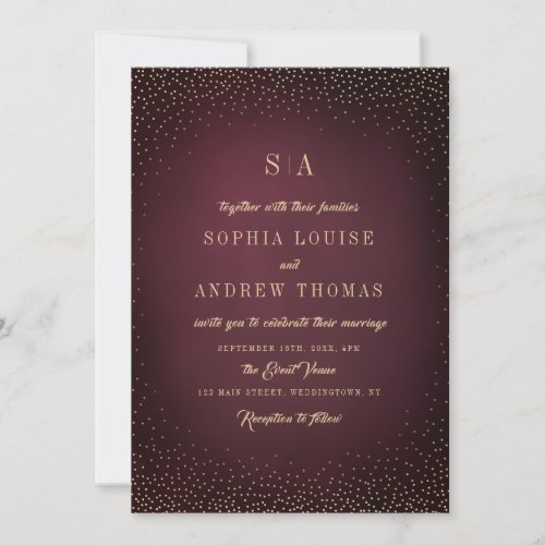 Burgundy Gold Glitter Simple Monogram wedding Invitation