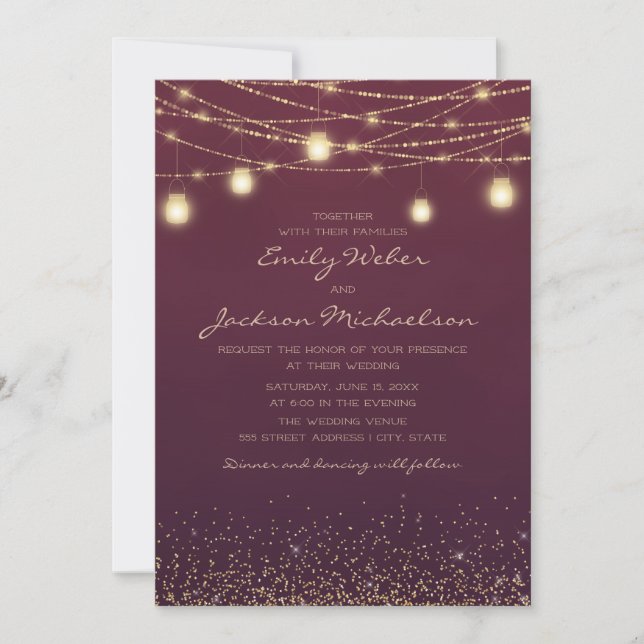 Burgundy Gold Glitter String Light Lantern Wedding Invitation (Front)
