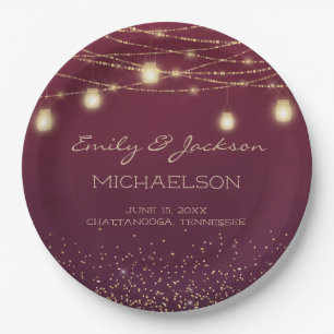 Burgundy Gold Glitter String Light Lantern Wedding Paper Plates