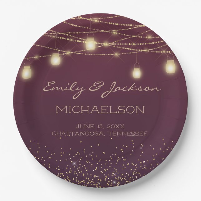 Burgundy Gold Glitter String Light Lantern Wedding Paper Plates (Front)