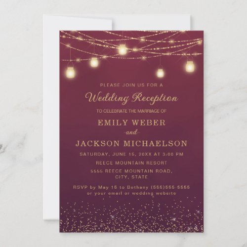 Burgundy Gold Glitter String Light Reception  Invi Invitation