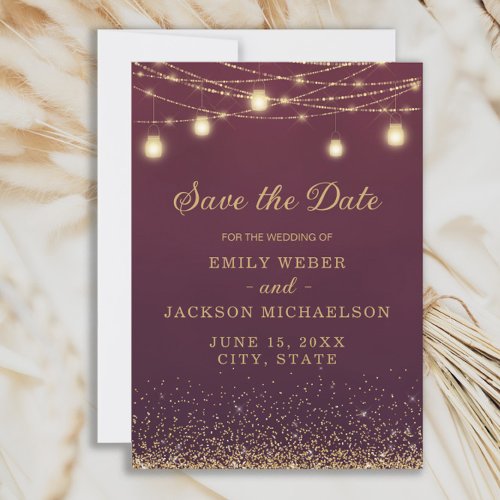 Burgundy Gold Glitter String Light Save Date Save  Save The Date