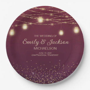 Burgundy Gold Glitter String Light Wedding Paper Plates