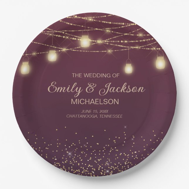 Burgundy Gold Glitter String Light Wedding  Paper Plates (Front)