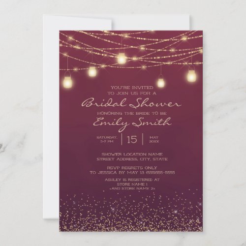 Burgundy Gold Glitter String Lights Bridal Shower Invitation