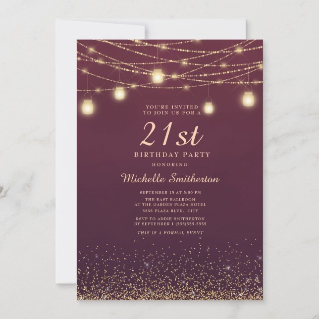 Burgundy Gold Glitter String Lights Formal 21st Invitation (Front)