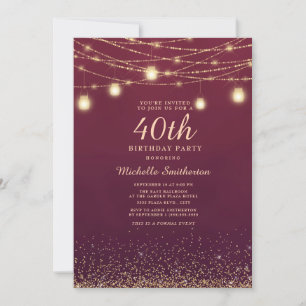Burgundy Gold Glitter String Lights Formal 40th Invitation