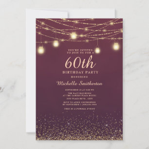 Burgundy Gold Glitter String Lights Formal 60th Invitation