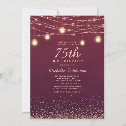 Burgundy Gold Glitter String Lights Formal 75th Invitation