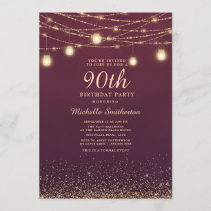 Burgundy Gold Glitter String Lights Formal 90th Invitation