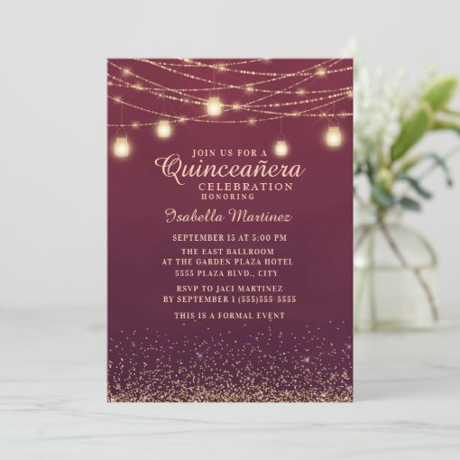 Burgundy Gold Glitter String Lights Quinceañera Invitation Zazzle 3961