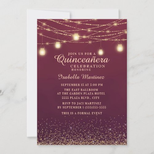 Burgundy Gold Glitter String Lights Quinceaera Invitation