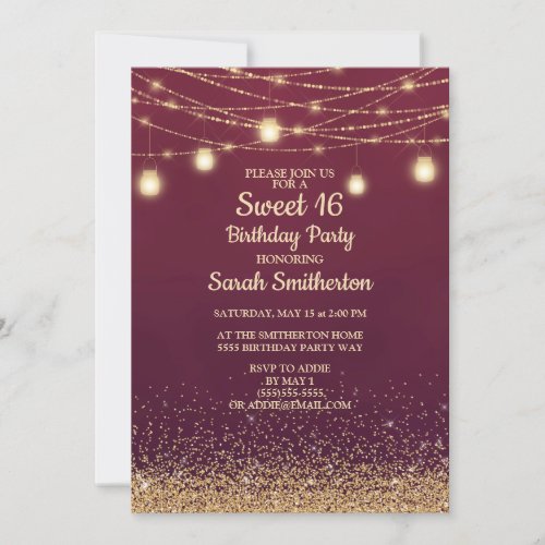 Burgundy Gold Glitter String Lights Sweet 16 Invitation