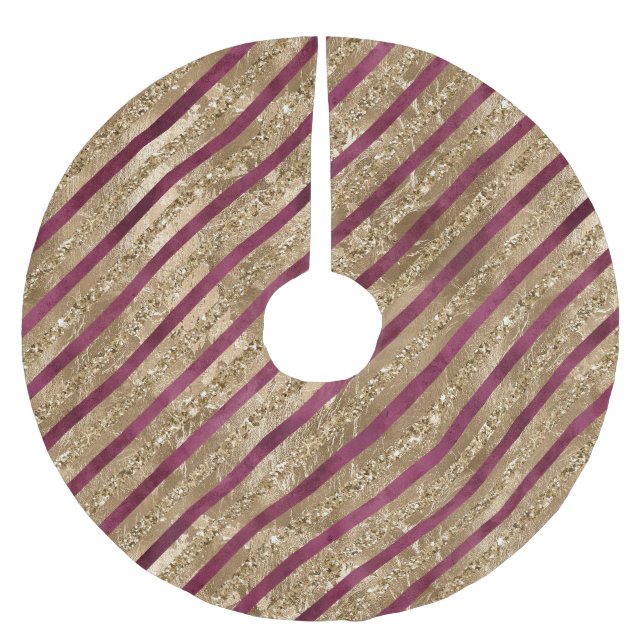 Burgundy Gold Glitter Stripes  Brushed Polyester Tree Skirt (Front)