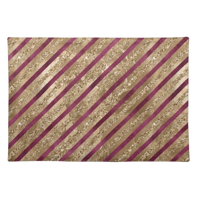 Burgundy Gold Glitter Stripes  Cloth Placemat (Front)