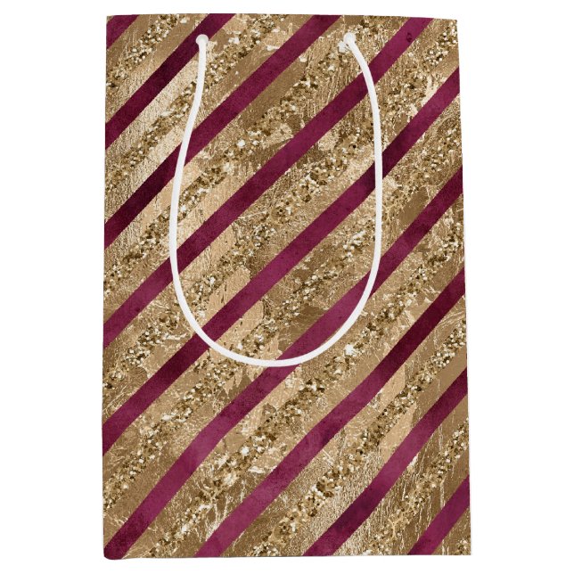 Burgundy Gold Glitter Stripes  Medium Gift Bag (Front)