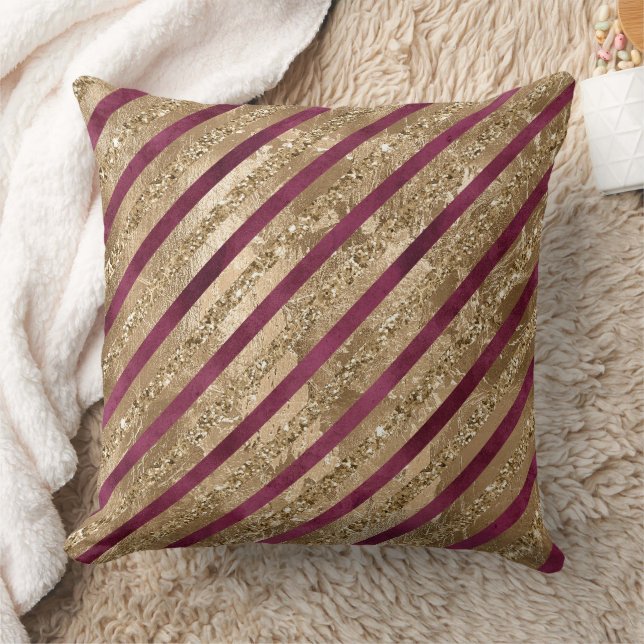 Burgundy Gold Glitter Stripes  Throw Pillow (Blanket)