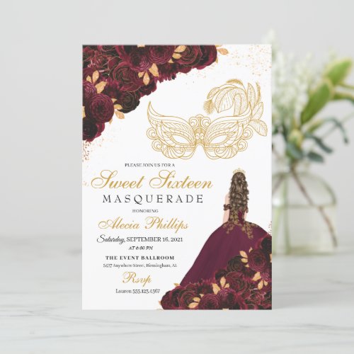 Burgundy Gold Glitter Sweet 16 Masquerade Invitation
