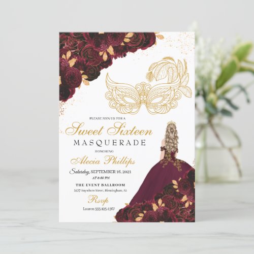 Burgundy Gold Glitter Sweet 16 Masquerade Invitation