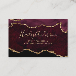 Burgundy & Gold Glitter Watercolor Gilded Agate Business Card