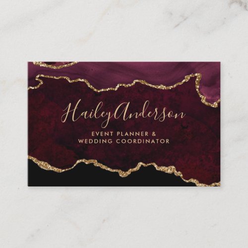 Burgundy  Gold Glitter Watercolor Gilded Agate Business Card