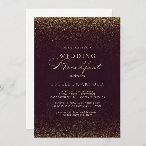 Burgundy Gold Glitter Wedding Breakfast  Invitation