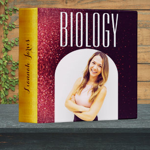 Burgundy & Gold Glitters Biology Girls Photo Name  3 Ring Binder