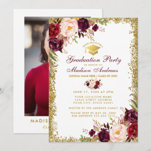 Burgundy Gold Grad Party Invite - Photo Back