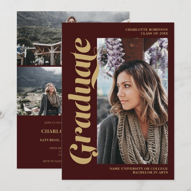 Burgundy gold graduate script photo graduation invitation (Front/Back)