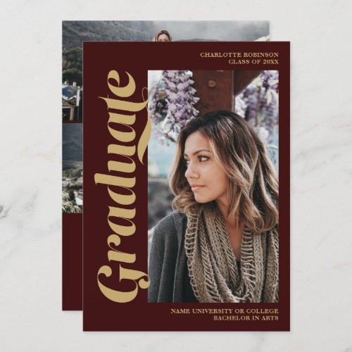 Burgundy gold graduate script photo graduation invitation