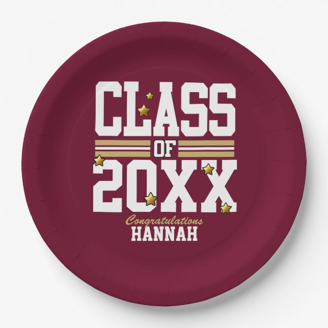 Burgundy|Gold Graduating Class Year Paper Plates (Front)