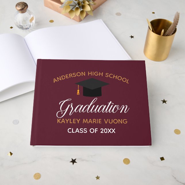 Burgundy Gold Graduation Autograph Keepsake 2026 Guest Book (Front Open)