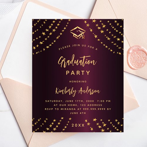 Burgundy gold graduation party budget invitation