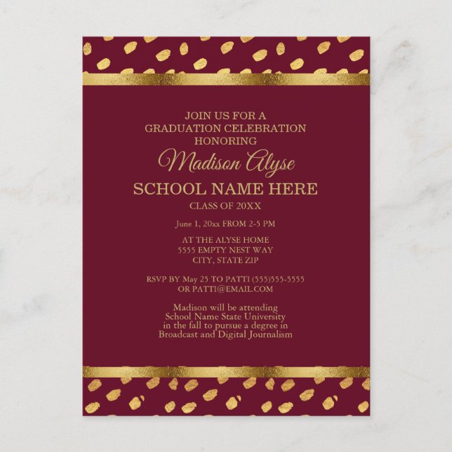 Burgundy Gold Graduation Party Invitation Postcard (Front)